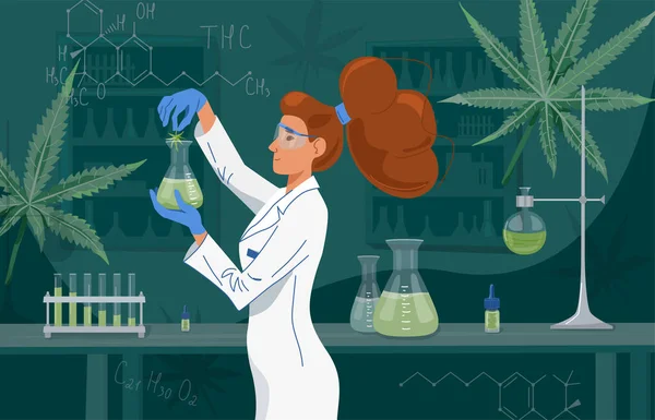 Vrouwelijke wetenschapper in labjas draagt nitrilhandschoenen, doet experimenten in het lab. Cannabisolie in een laboratorium. Medisch onderzoek cbd en thc. Scheikunde concept. Vectorachtergrond — Stockvector