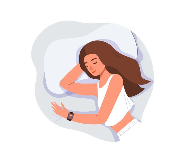 Concepto de control del sueño fondo vectorial aislado en blanco. Mujer joven durmiendo en casa en la cama con reloj inteligente en la mano. Vista desde arriba, primer plano — Archivo Imágenes Vectoriales