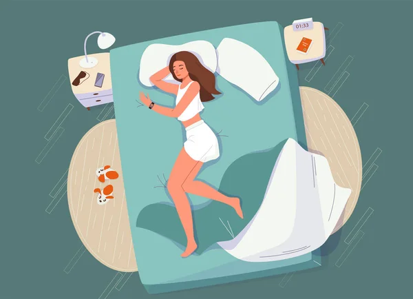 Πλαίσιο διανύσματος έννοιας ελέγχου ύπνου. Νεαρή γυναίκα κοιμάται στο σπίτι στο κρεβάτι με έξυπνο ρολόι στο χέρι και smartphone στο κομοδίνο — Διανυσματικό Αρχείο