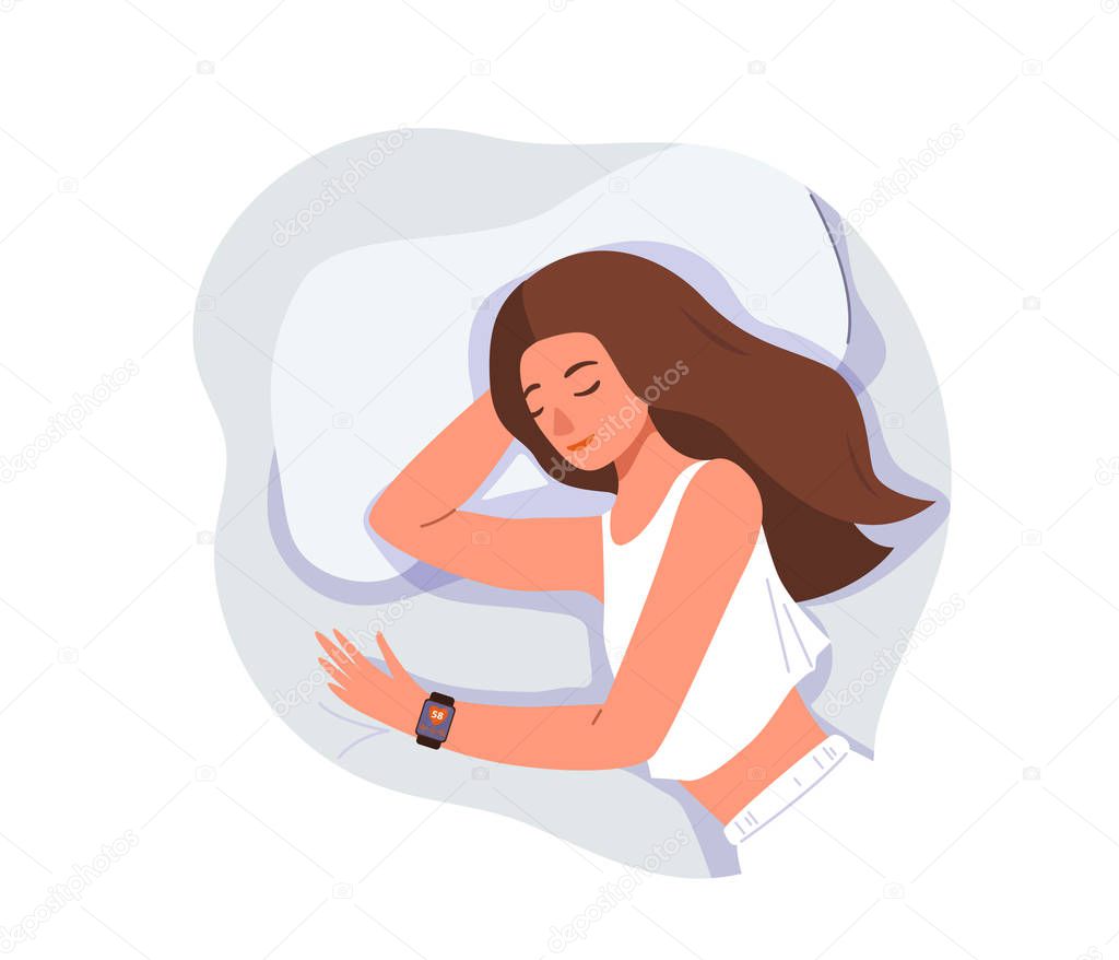 Sleep control concept vector background isolated on white. Young woman sleeping at home on bed with smart watch on her hand. View from above, close-up