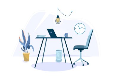 Masası, koltuğu, laptopu, fincanı, sepeti ve bitkisi olan bir kişinin ofis iş yeri vektör geçmişi. Basit düz biçimli asgari modern iç mimari