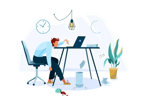 バーンアウトの概念ベクトル背景。椅子に座ってコンピュータで仕事をしようとしている疲れた男性のオフィスワーカー。白を基調としたビジネスフラット漫画イラスト — ストックベクタ