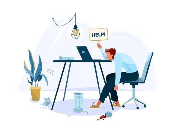 Uomo stanco impiegato seduto sulla sedia e chiedere aiuto. Concetto di Burnout sfondo vettore. Business piatto cartone animato illustrazione isolato su sfondo bianco — Vettoriale Stock