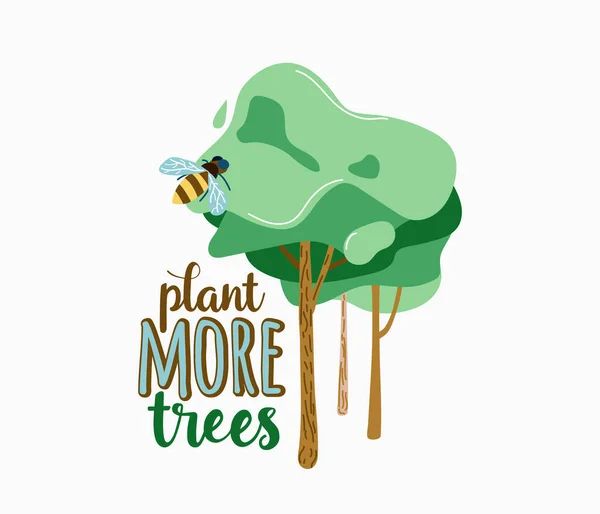 Planta Más Árboles Madera Verde Con Abeja Texto Cita Tipo — Vector de stock