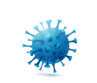 Mavi virüs, bakteri hücresi vektör arkaplanı beyaz zeminde izole edilmiş. Coronavirus alarmı. Pankart, poster veya broşür için mikrobiyoloji tıbbi kavramı.