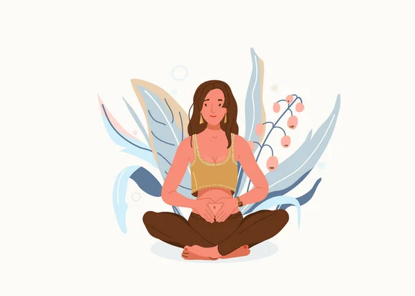 Love yourself vector background. Self-care body wellness concept. Young woman sitting in yoga posture. Girl fold her hands on her stomach, fingers formed heart shape. Happy meditate female character — Stock Vector