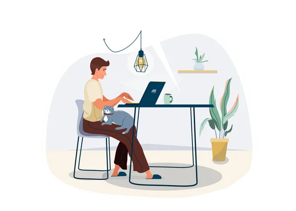 Work at home concept design. Freelancer man working on laptop at his house and keep cat pet on his knees. Vector illustration isolated on white background — Stock Vector