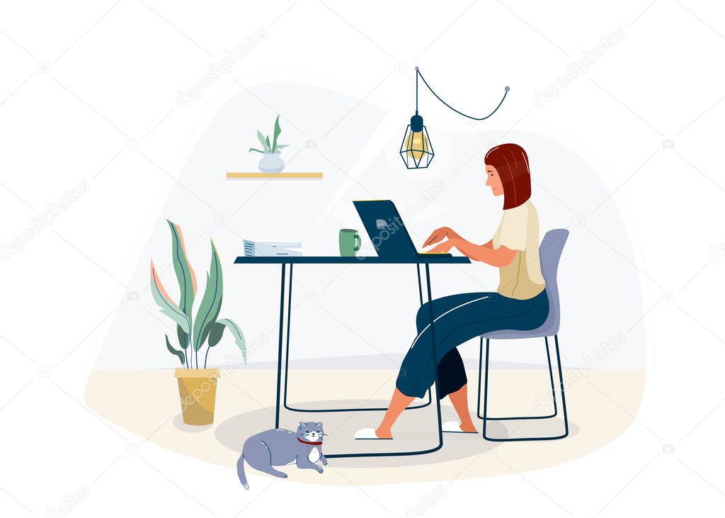 Work at home concept design. Freelance woman working on laptop at her house, dressed in home clothes. Vector illustration isolated on white background