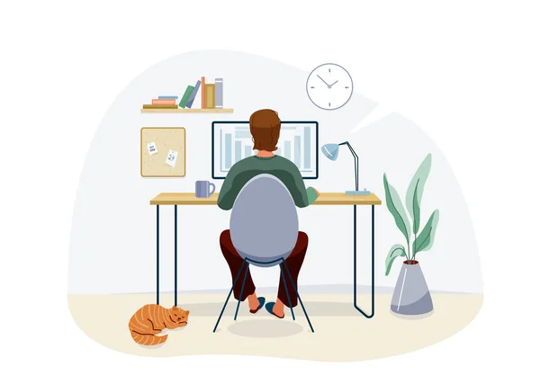 家の概念設計で働く。フリーランサーの男は自宅のオフィスでパソコンを操作し、彼の近くに赤い猫のペットを縞模様。白を基調としたベクトルイラスト — ストックベクタ