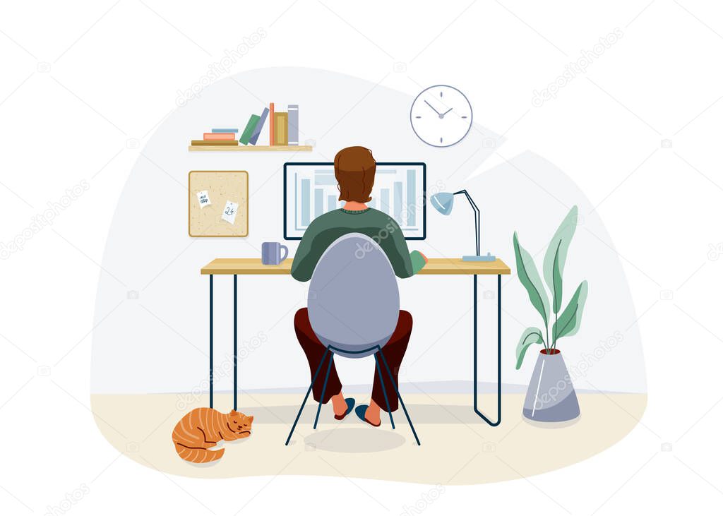 Work at home concept design. Freelancer man working on computer at his house office and striped red cat pet near him. Vector illustration isolated on white background