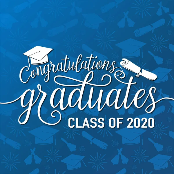 Congratulations graduates 2020 class of vector illustration on seamless grad background, white sign for the graduation party. Typography greeting, invitation card with diplomas, hat, lettering — Stock Vector
