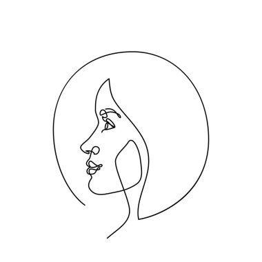 Modern moda doğrusal kadın yüz profili daire şeklinde. Logo, amblem şablonu için minimal çizgi tarzında güzel kadınlar. Vektör illüstrasyonu