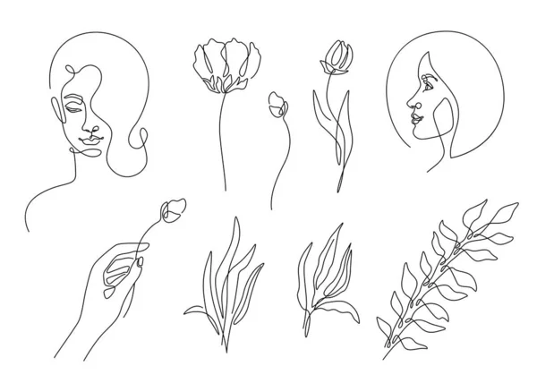 Elementos de beleza definido em estilo de linha mínima com rosto de mulher, planta, menina mão segurando flor, folhas. Retrato feminino linear de moda moderna. Ilustração vetorial — Vetor de Stock