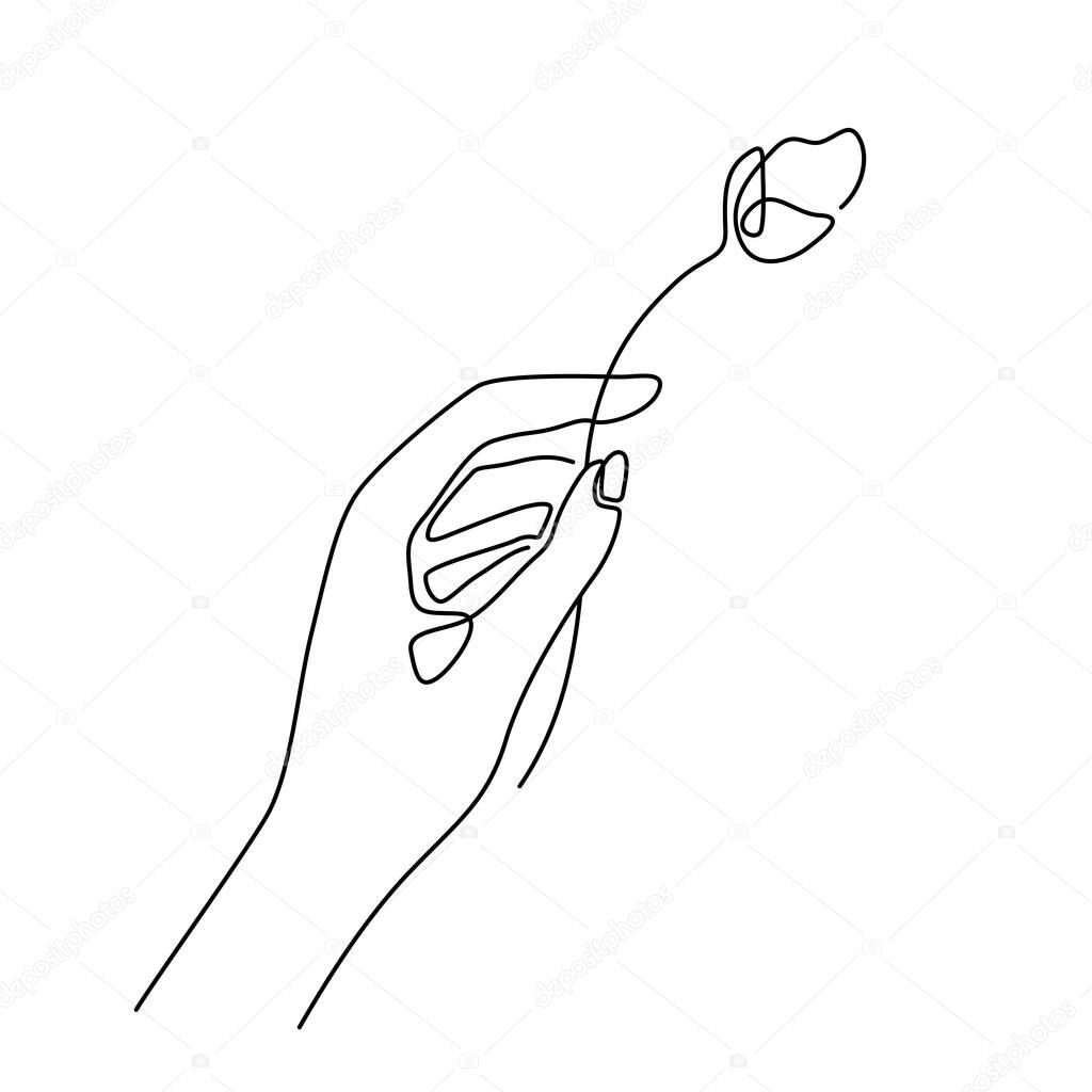 Modern fashion linear human hand holding flower. Beautiful background in minimal line style for logo, emblem template. Vector illustration