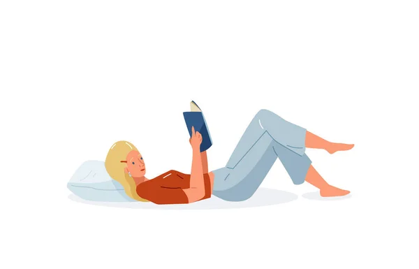 Přečti si vektorovou ilustraci. Dívka čte knihy v pohodlné póze ležící na polštáři. Studentské ženské znalosti. Roztomilé čtenáře, styl ploché literatury s osobou — Stockový vektor