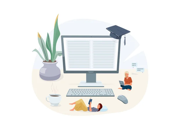 Online home e-learning educação ilustração vetor. Aprender design isolado em fundo branco com computador, pessoas lendo, planta, mouse computador, teclado, chapéu de graduação —  Vetores de Stock