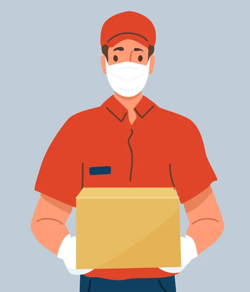 Delivery man holding cardboard box wearing protective mask and gloves. Food delivery male person in simple flat style. Vector illustration Stock Vector