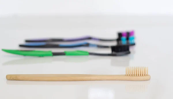 Organic Biodegradable Bamboo Toothbrush Cotton Buds Blurred Background — Stock Photo, Image