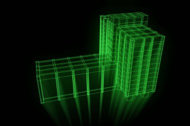 Tel Çerçeve hologramı stili binada. Güzel 3d render