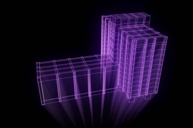 Tel Çerçeve hologramı stili binada. Güzel 3d render