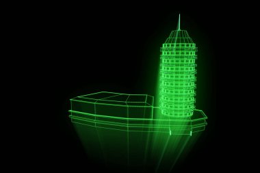 Tel Çerçeve hologramı stili binada. Güzel 3d render