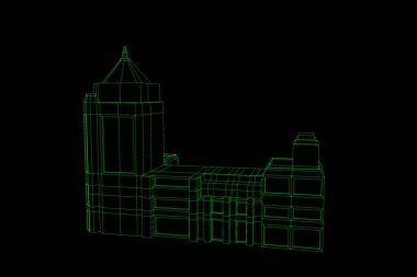 Tel Çerçeve hologramı stili binada. Güzel 3d render