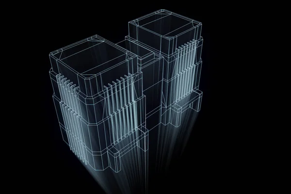 Bâtiment en style hologramme Wireframe. Belle rendu 3D — Photo