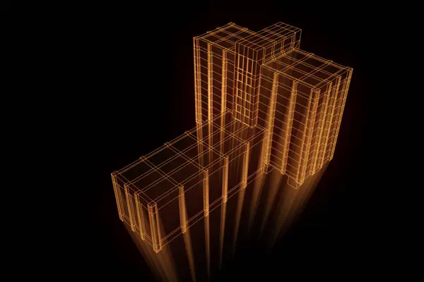 Bâtiment en style hologramme Wireframe. Belle rendu 3D — Photo