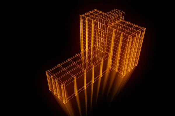 Bâtiment en style hologramme Wireframe. Belle rendu 3D — Photo