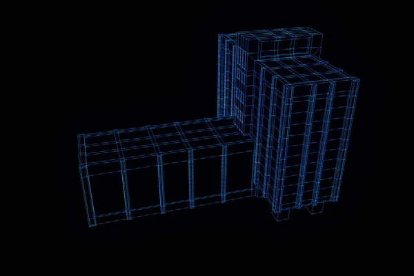 Budova ve stylu drátového modelu Hologram. Pěkný 3d vykreslování — Stock fotografie