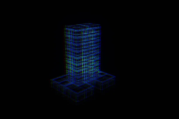 Tel Çerçeve hologramı stili binada. Güzel 3d render — Stok fotoğraf