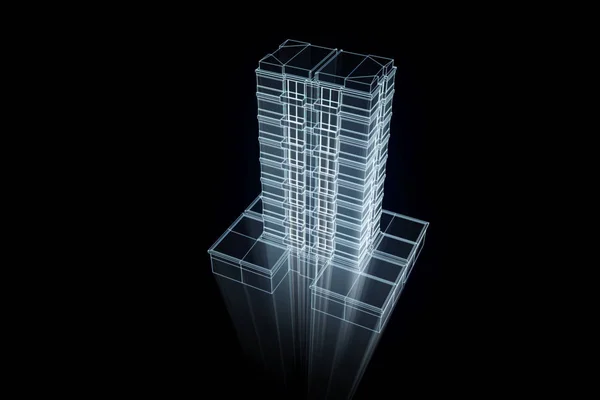 Drótváz Hologram stílusú épület. Szép 3D-s renderelés — Stock Fotó