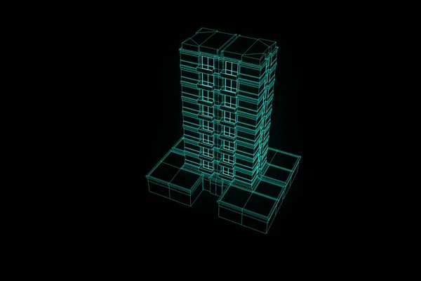 Gebouw in Wireframe Hologram stijl. Mooie 3D-Rendering — Stockfoto