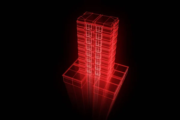 Drótváz Hologram stílusú épület. Szép 3D-s renderelés — Stock Fotó