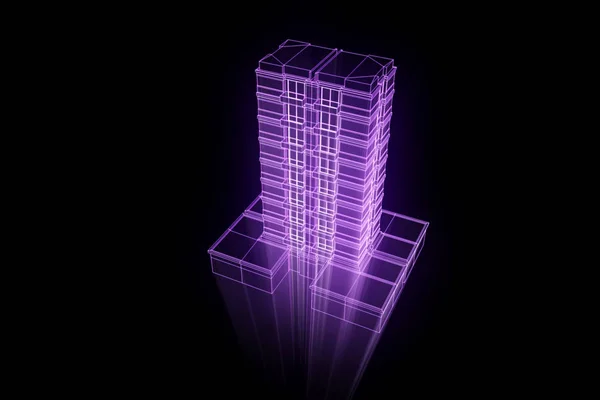 Budova ve stylu drátového modelu Hologram. Pěkný 3d vykreslování — Stock fotografie