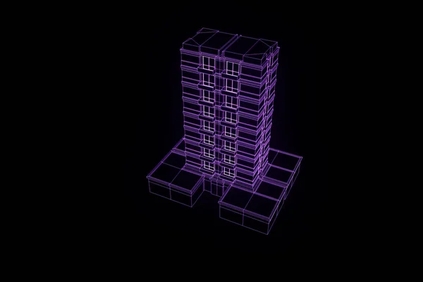 Gebouw in Wireframe Hologram stijl. Mooie 3D-Rendering — Stockfoto