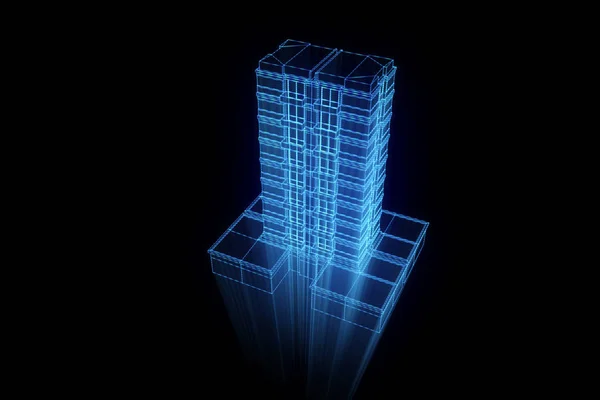 Bâtiment en style hologramme Wireframe. Belle rendu 3D — Photo