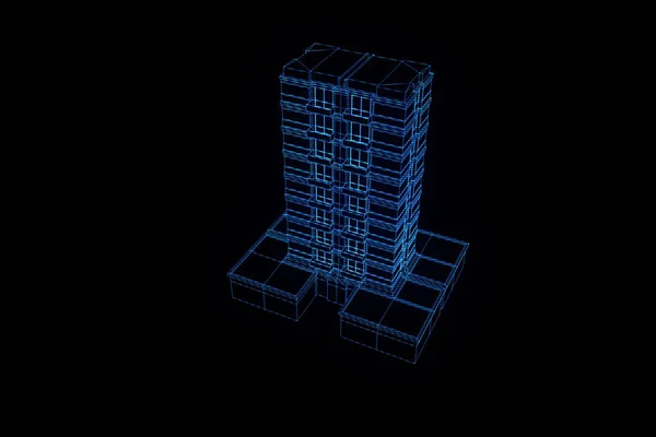 Byggnad i Wireframe Hologram stil. Fina 3d-Rendering — Stockfoto