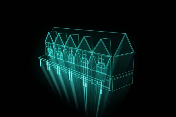 Bâtiment en style hologramme Wireframe. Belle rendu 3D — Photo