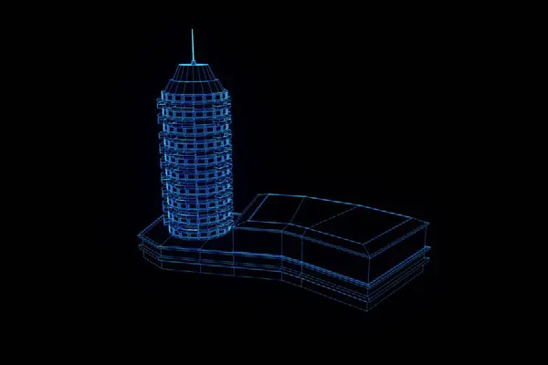 Gebouw in Wireframe Hologram stijl. Mooie 3D-Rendering — Stockfoto