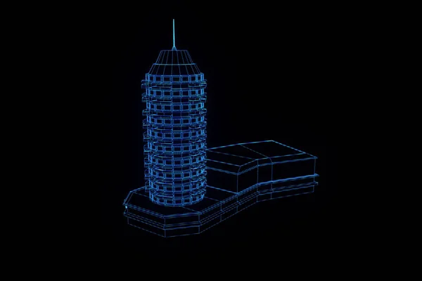 Κτίριο σε στιλ Wireframe ολόγραμμα. Ωραία 3d Rendering — Φωτογραφία Αρχείου