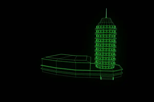 Gebouw in Wireframe Hologram stijl. Mooie 3D-Rendering — Stockfoto