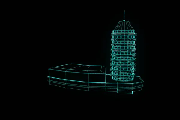 Drótváz Hologram stílusú épület. Szép 3D-s renderelés — Stock Fotó