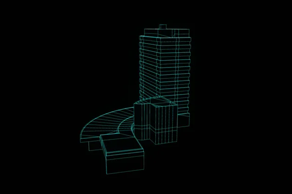 Gebouw in Wireframe Hologram stijl. Mooie 3D-Rendering — Stockfoto