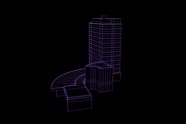 와이어 프레임 홀로그램 스타일에서 건물입니다. 멋진 3d 렌더링 — 스톡 사진