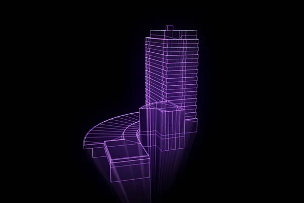 Byggnad i Wireframe Hologram stil. Fina 3d-Rendering — Stockfoto