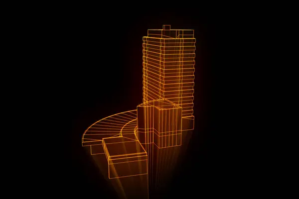 Gebouw in Wireframe Hologram stijl. Mooie 3D-Rendering — Stockfoto