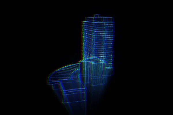 Gebouw in Wireframe Hologram stijl. Mooie 3D-Rendering — Stockfoto