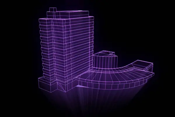 Budynek w stylu model szkieletowy Hologram. Ładne renderowania 3d — Zdjęcie stockowe