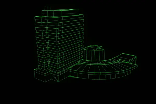 Bâtiment en style hologramme Wireframe. Belle rendu 3D — Photo